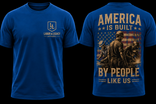 Premium blue-collar graphic tee featuring hardworking tradesmen and an American flag design. Printed on a Next Level N6210 CVC crewneck. Sizes XS–3XL.