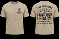 Beige t-shirt with black text and logo on a black background