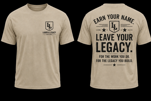 Beige t-shirt with black text and logo on a black background