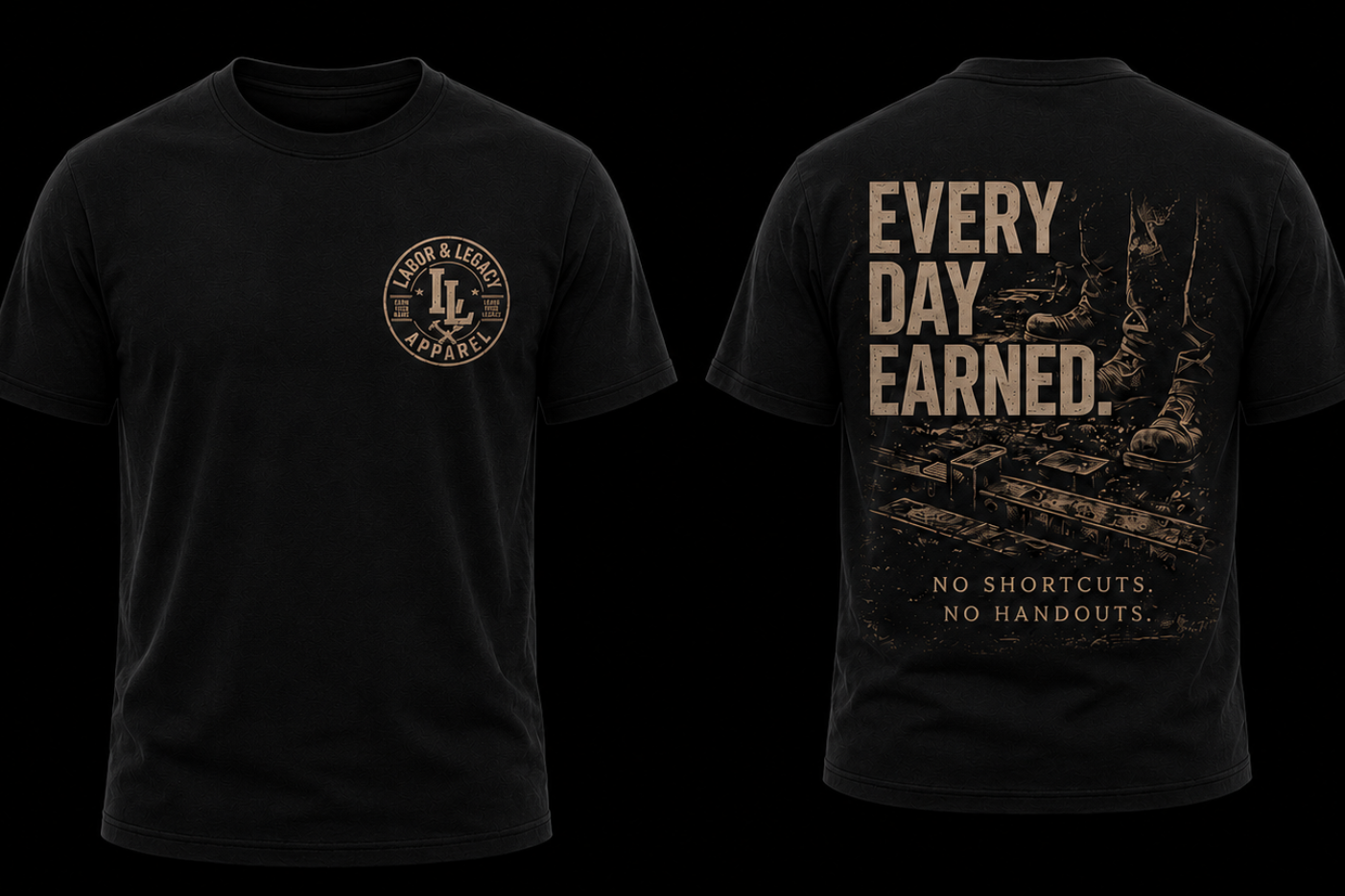 Premium black blue-collar workwear t-shirt featuring the Everyday Earned graphic. Built for welders, operators, linemen, mechanics, truck drivers, and hardworking Americans.