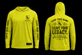 Yellow hoodie with black text and branding on a black background