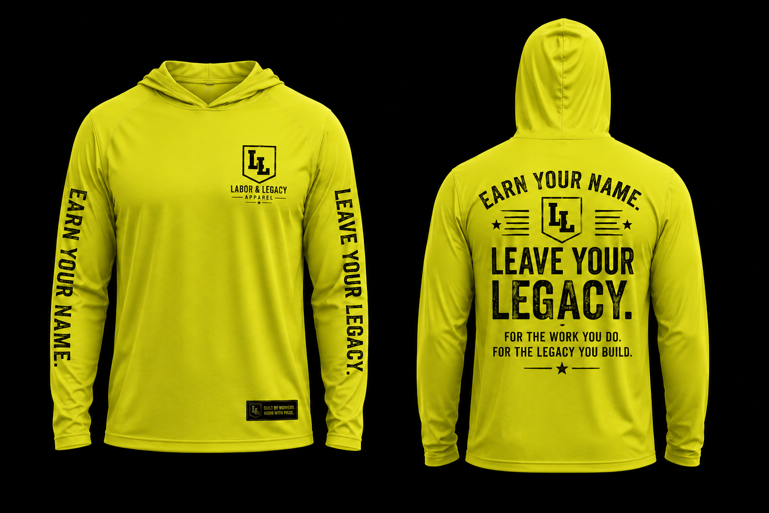 Yellow hoodie with black text and branding on a black background