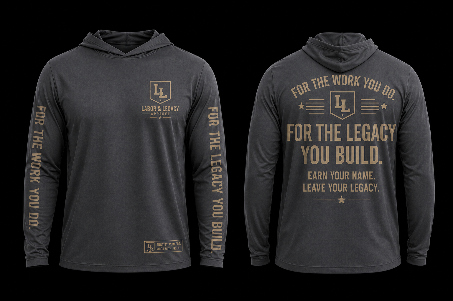Gray hoodie with branding and text on a black background