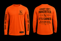 Orange long-sleeve shirt with black text and branding on a black background
