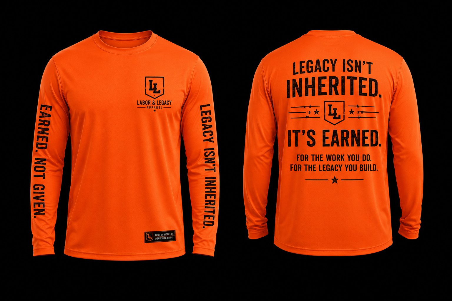 Orange long-sleeve shirt with black text and branding on a black background
