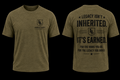 Olive green t-shirt with text and logo on front and back