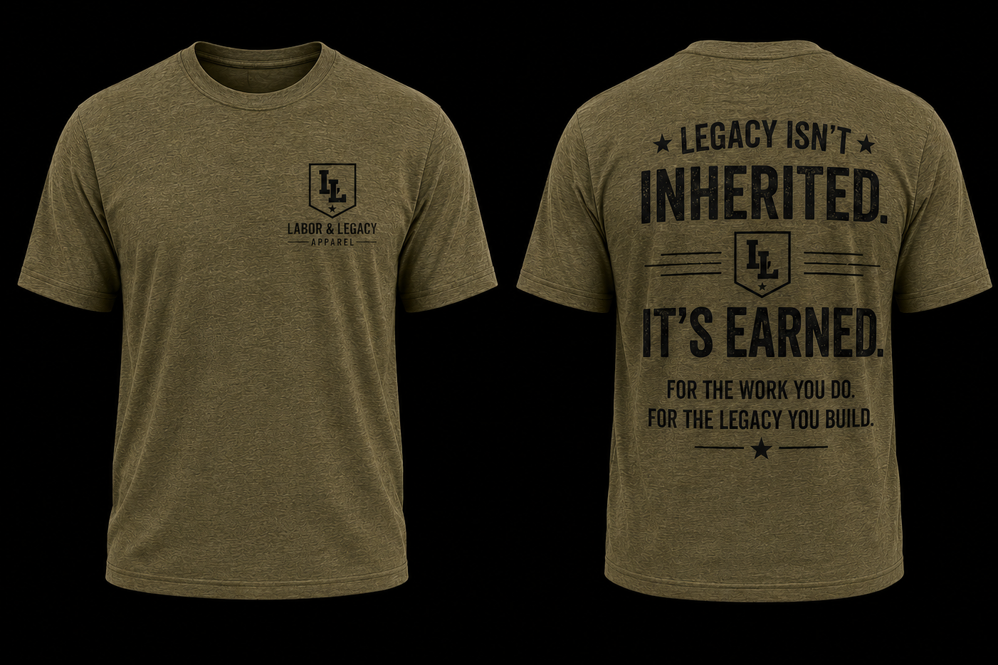 Olive green t-shirt with text and logo on front and back